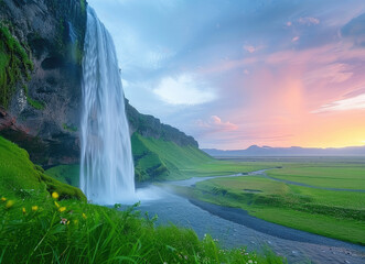  Beautiful landscape photo of a majestic waterfall in Iceland at sunset, taken from behind with green grass and blue sky. The high and powerful waterfall cascades down into an ancient cave below