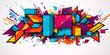 Colorful 3D graffiti style geometric shapes and splatters on white background