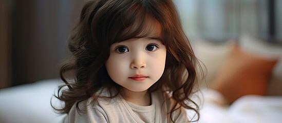 Poster - A happy toddler with long brown hair, bangs, and layered hair is sitting on a bed, smiling at the camera in a portrait photography session. Her eyelashes frame her bright eyes and cute nose