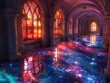 Cloister with glowing tide pools ethereal reflections