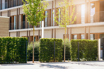 Wall Mural - Modern Landscaping -  Green Mesh Fence with Hedge Bushes and Young Trees around Private Area of Building. Green Hedge Fence of School Building in Germany.