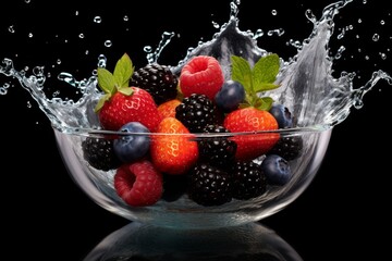 Freshly picked ripe wild berries gently falling into a glass bowl filled with refreshing water