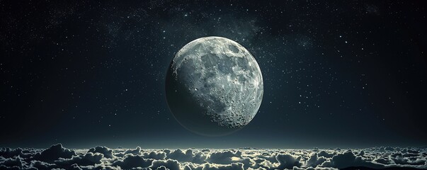 Wall Mural - amazing scenery of white glowing moon with craters in black sky with clouds at night
