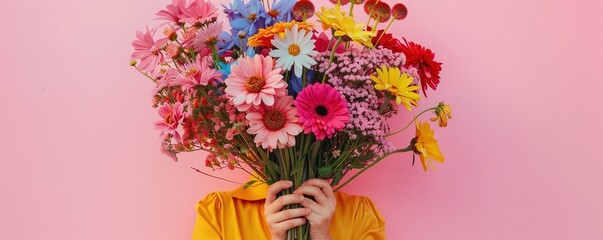 Wall Mural - Crop anonymous person demonstrating bunch of colorful flowers against pink background.