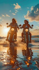 Wall Mural - Stylish couple on motorcycles on the ocean beach