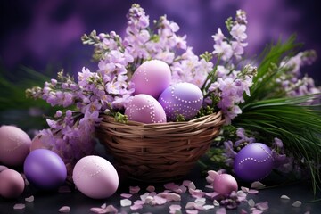  Happy Easter. Congratulatory easter background. Easter eggs and flowers - generative ai