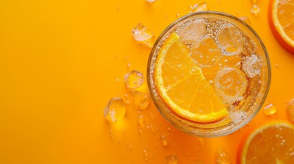 Wall Mural - Glassware with refreshing citrus fruits cocktail with ice and fresh oranges on orange background top view