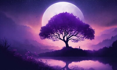 Wall Mural - night landscape with moon and tree