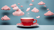 Pinkish clouds floating around a red cup of steaming coffee on a saucer against a blue background.