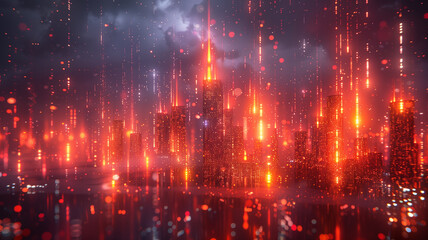 Wall Mural - A cityscape with a lot of red lights and a dark sky