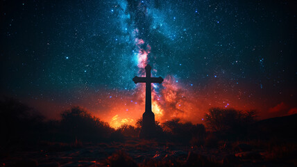 Wall Mural - A large cross is standing in a field of stars