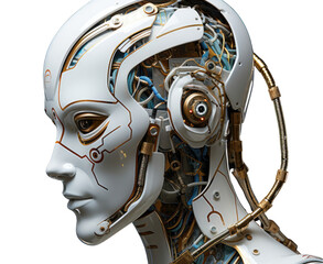 Wall Mural - a robot head with wires and gold accents. the robot head is white and has a gold and blue design