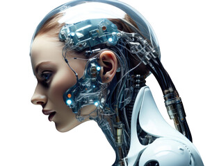 Wall Mural - a woman's head is made of metal and wires, with a robotic ear and a glowing face. the image conveys 