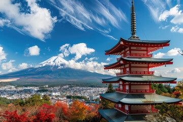 Wall Mural - A beautiful red pagoda with Mount Fuji in the background, a Japanese cityscape in autumn, a clear blue sky