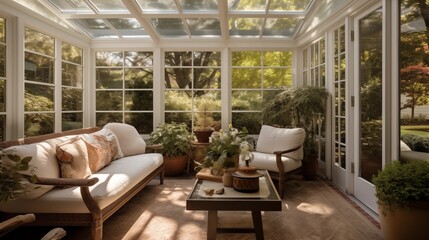 Sunroom with sliding glass doors opening to a tranquil courtyard.