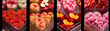 Four images of red and pink flowers and heart shaped candies and cookies with a black background.