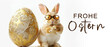 Frohe Ostern Konzept Feiertag Grußkarte mit deutschem Text  - Cooler Osterhase mit Sonnenbrille und goldenes Osterei, isoliert auf weissem Hintergrund
