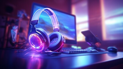 Poster - Closeup of Headphones for a professional streamer, Gamer on the background of a computer and keyboard on neon blue pink background of the room. Esports, Cyber sports concepts. Horizontally the photo.