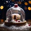 A snow globe with a gingerbread house inside, surrounded by snow-covered trees and presents, with a red cherry on top.