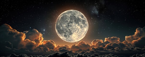 Canvas Print - Amazing scenery of white glowing moon with craters in black sky with clouds at night