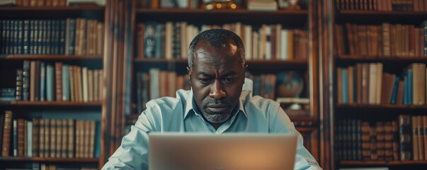 Wall Mural - Serious black man working on laptop