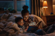 © Hanna - parent and child reading a book, woman reading a bedtime story to her child in a cozy bed