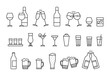 Glass cup for alcohol drink, clink celebration toast, line empty icon set. Beverage, cocktail in beer mug, wineglass, cup, other drink glassware. Outline of glass utensil, editable stroke. Vector