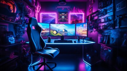 Poster - An esports video game studio with a comfortable armchair, a computer, and a neon-colored keyboard. An Equipped Room For A Professional Gamer, A Streamer. Esports, Cyber Sports concepts.