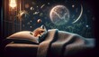 Baby Fox Sleeping.  Cute Character in Bed under Blanket. Cozy Evening Bedroom Room Interior Design. Soft Lightning. Realistic Adorable Animal Illustration. Sweet Dreams Sand Good Night.
