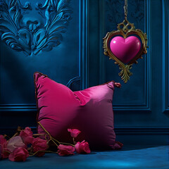 Pink heart-shaped mirror, pink pillow, and pink roses against a dark blue background.