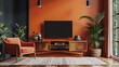 Conceptualize a cohesive interior design scheme that combines a bold wall color with a sleek TV cabinet and tasteful decorative accents  attractive look