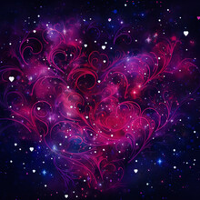 Pink And Purple Glowing Ornate Heart-shaped Nebula With Stars In Space