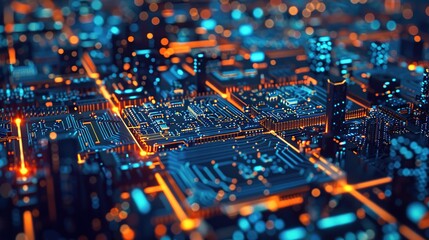 Poster - Close-up view of a microchip circuit in blue and orange tones, exemplifying modern electronics and data processing, ideal for use in technological and educational materials