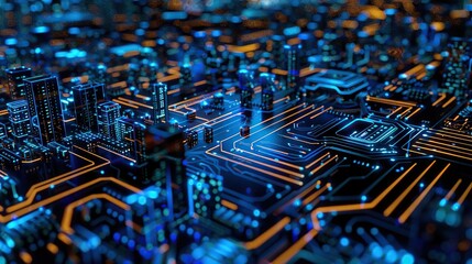 Poster - A futuristic cityscape formed by illuminated circuit lines, symbolizing a smart city and the integration of technology in urban development, ideal for depicting concepts in smart technology