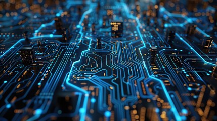 Poster - Intricate circuit board patterns in blue, representing complex electronic pathways and data networks, suitable for concepts of computing and modern technology, designed