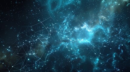 Poster - Abstract network patterns with star-like nodes on a deep space background, embodying the concept of cosmic connectivity and space exploration, tailored for space-themed backgrounds