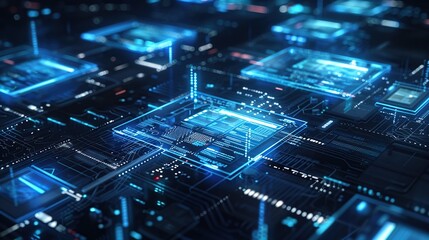 Poster - A visual representation of a microprocessor's intricate pathways, shining in neon blue, symbolizes complex data operations, perfect for concepts of advanced computing and AI