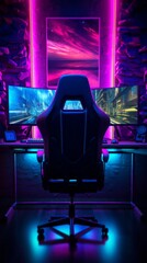 Poster - A dark Room of esports video games with a chair for a personal computer, a monitor, a keyboard in neon pink. Professional Gamer, Streamer, Esports, Cyber Sports concepts.