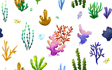 Wall Mural - Seamless pattern with hand-drawn sea corals and algae. Underwater sea world. Flora of Oceania. Fabulous underwater world. Children's hand drawn illustration on isolated background. Textile