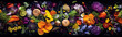 Still life of colorful flowers, fruits, and vegetables on a black background.
