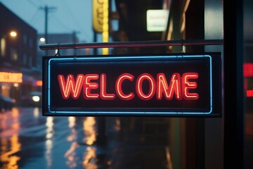 Slogan welcome neon light sign text effect on a rainy night street, horizontal composition