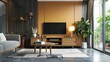 Conceptualize a modern interior design scheme featuring a color wall background juxtaposed with a chic TV cabinet adorned with stylish decor  attractive look