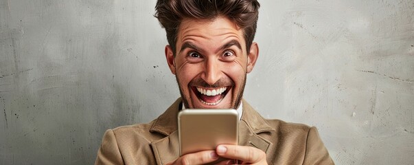 Wall Mural - A cheerful businessman reads good news on a smartphone