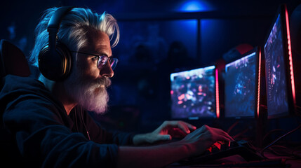 Poster - Side view of a gray-haired middle-aged man, streamer, Gamer playing video games on a computer in a game room in neon color. Workspace, Professional Esports, Cyber Sports concepts.