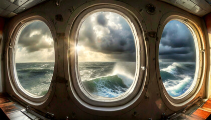 Wall Mural - The stormy sea with storm clouds seen through three portholes of a moving ship. Looking through window porthole. Generative Ai.