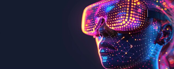 Poster - fantasy illustration of headshot of cyborg character of glowing neon colors dots in virtual reality headset on dark background