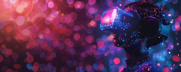 Poster - fantasy illustration of headshot of cyborg character of glowing neon colors dots in virtual reality headset on dark background