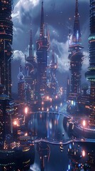 Wall Mural - futuristic night eco friendly city with glowing lights and tall unusual shaped buildings