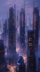 Wall Mural - futuristic night eco friendly city with glowing lights and tall unusual shaped buildings