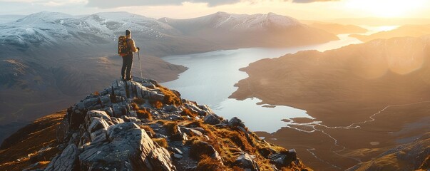 Wall Mural - lone hiker stands on rocky summit with lakes and mountains, sunrise
